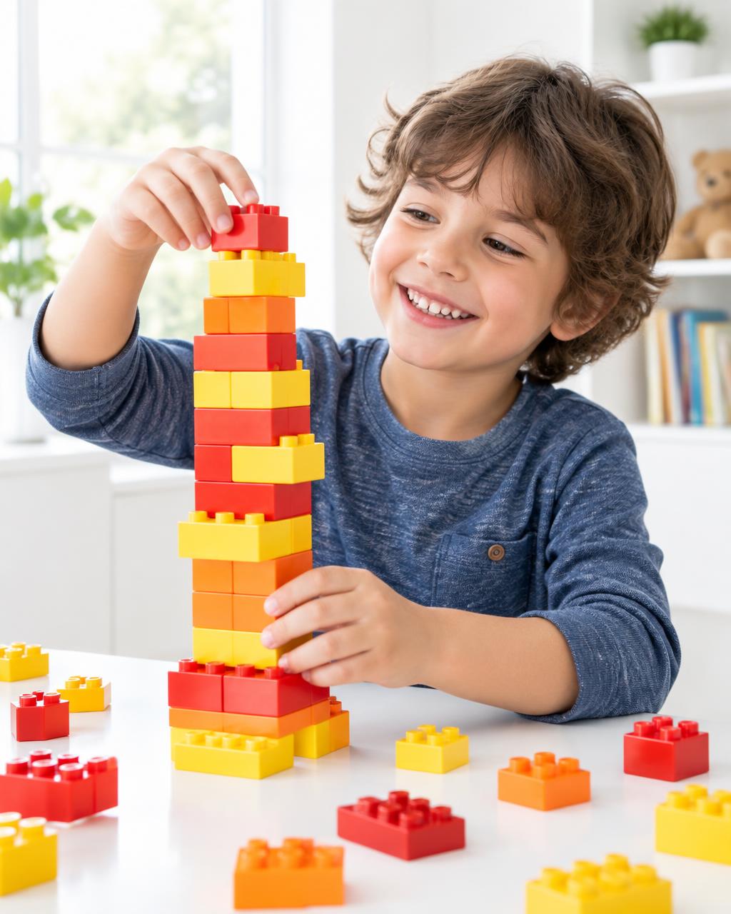 Child building a colorful brick tower